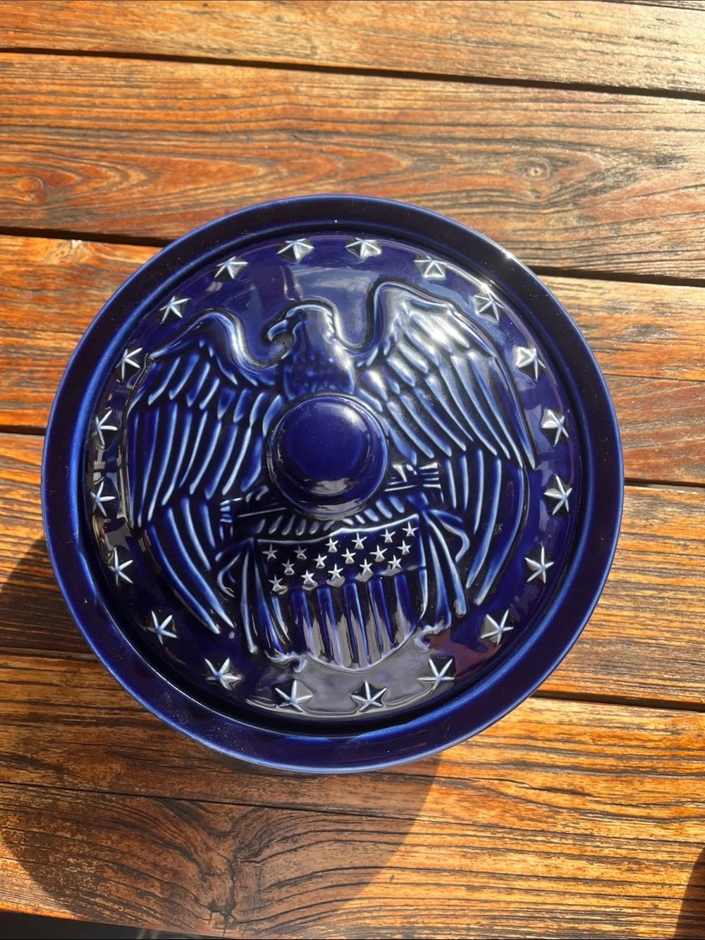 Longaberger Vintage Deep Blue Ceramic Covered Serving Dish with Embossed Eagle
